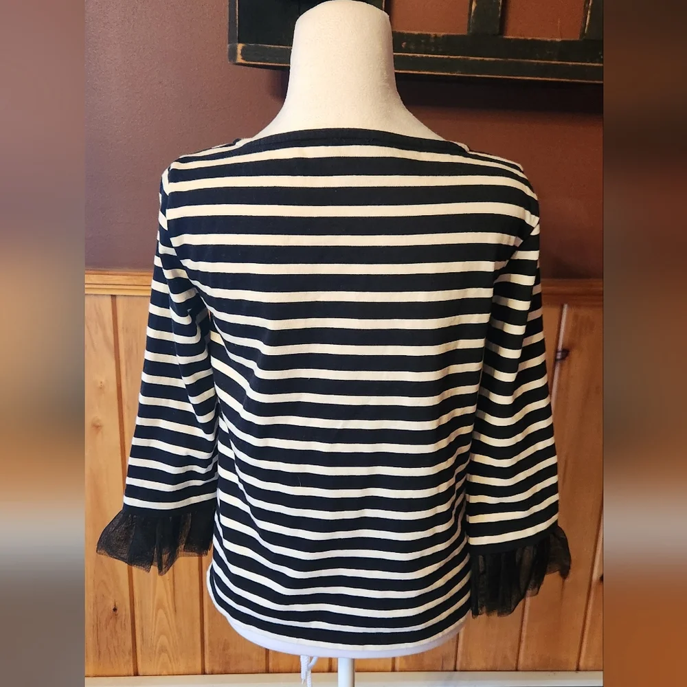 J. CREW XXS Black and White Striped Top with Tool Sleeve Spooky Halloween Top